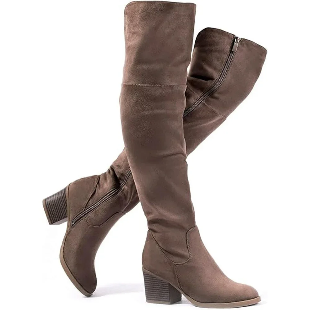Women's Khaki Thigh High Boots Stacked Block Heel Over The Knee Boots Rubber